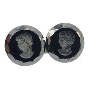 Intaglio Cameo Reverse Carved Black Glass Clip On Earrings